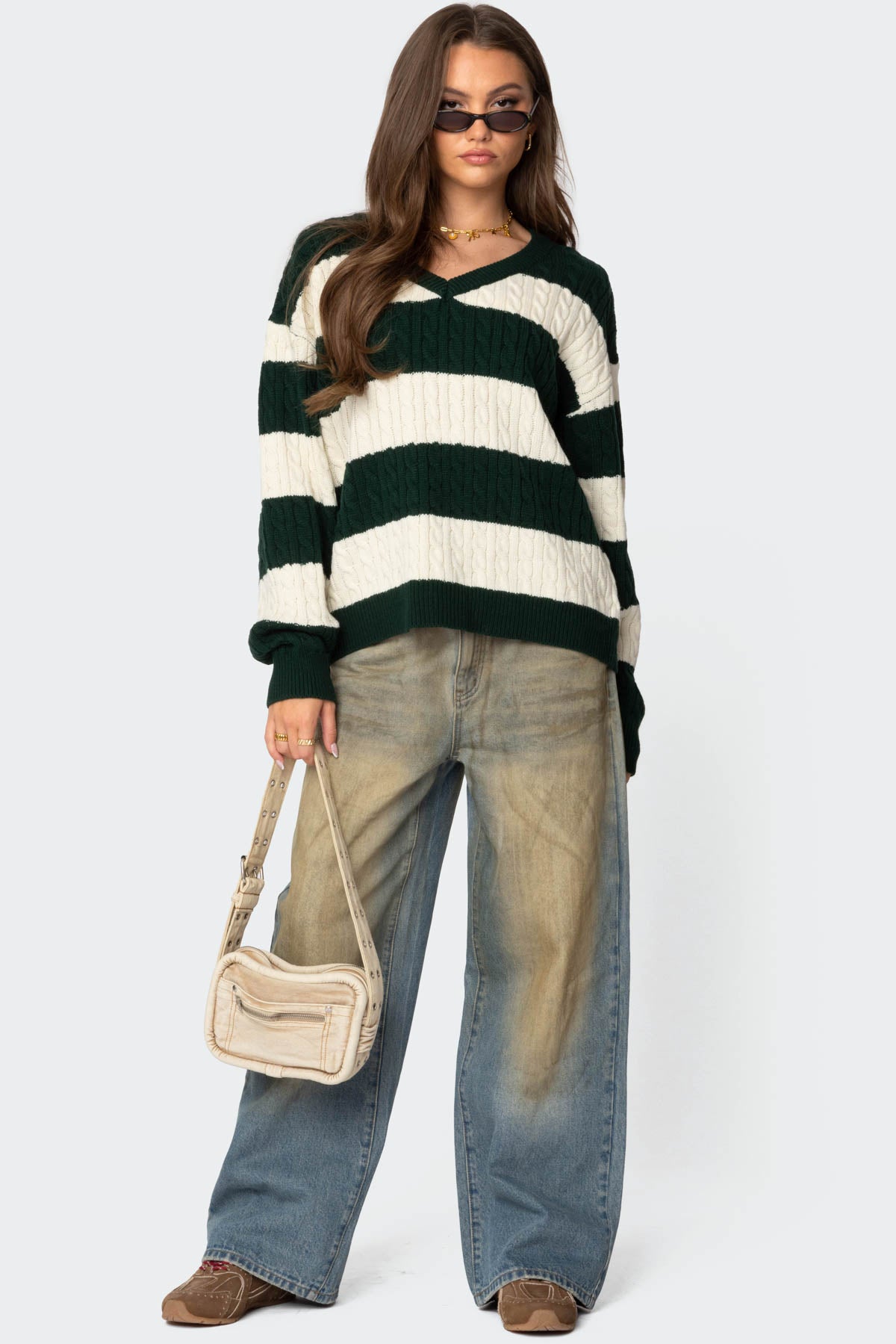 Oversized Striped Cable Knit Sweater