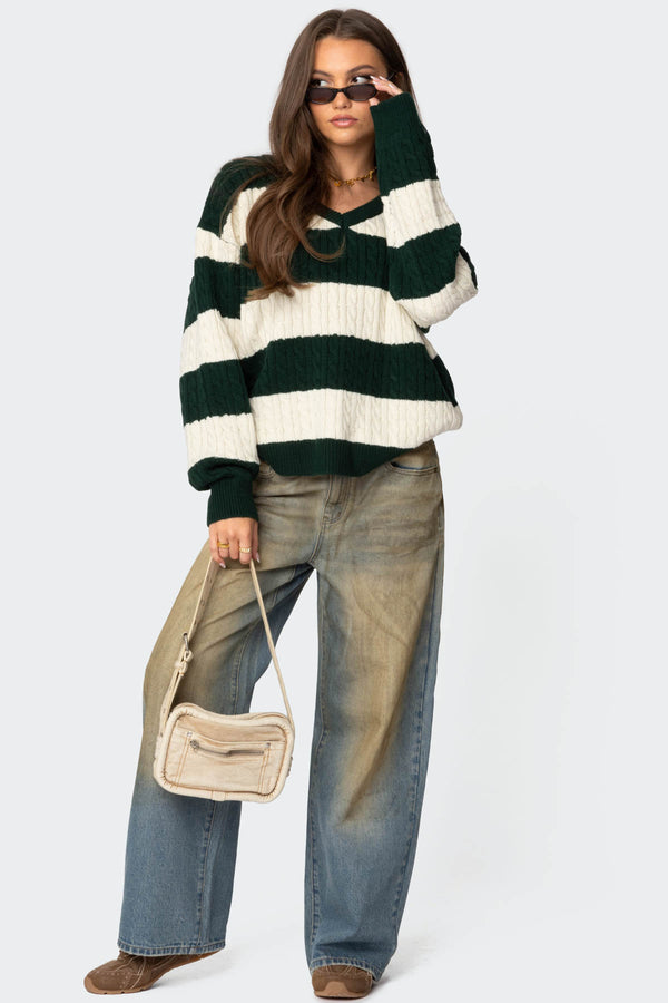 Oversized Striped Cable Knit Sweater