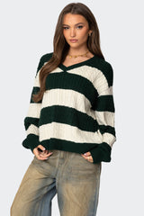 Oversized Striped Cable Knit Sweater