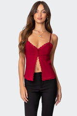 Crimson Lacey Split Front Top