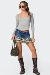 Camo Ruffle Denim Mini Skirt