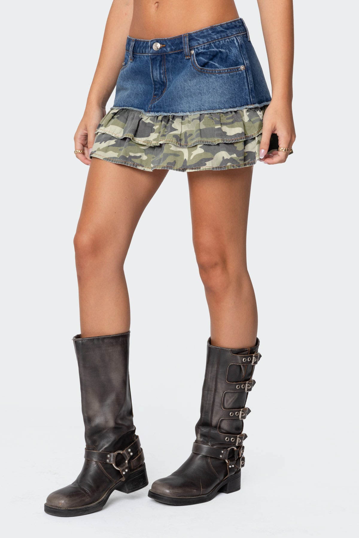 Camo Ruffle Denim Mini Skirt