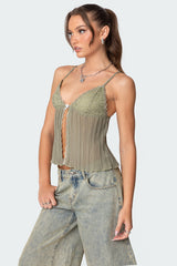 Pleated Lacey Split Front Tank Top