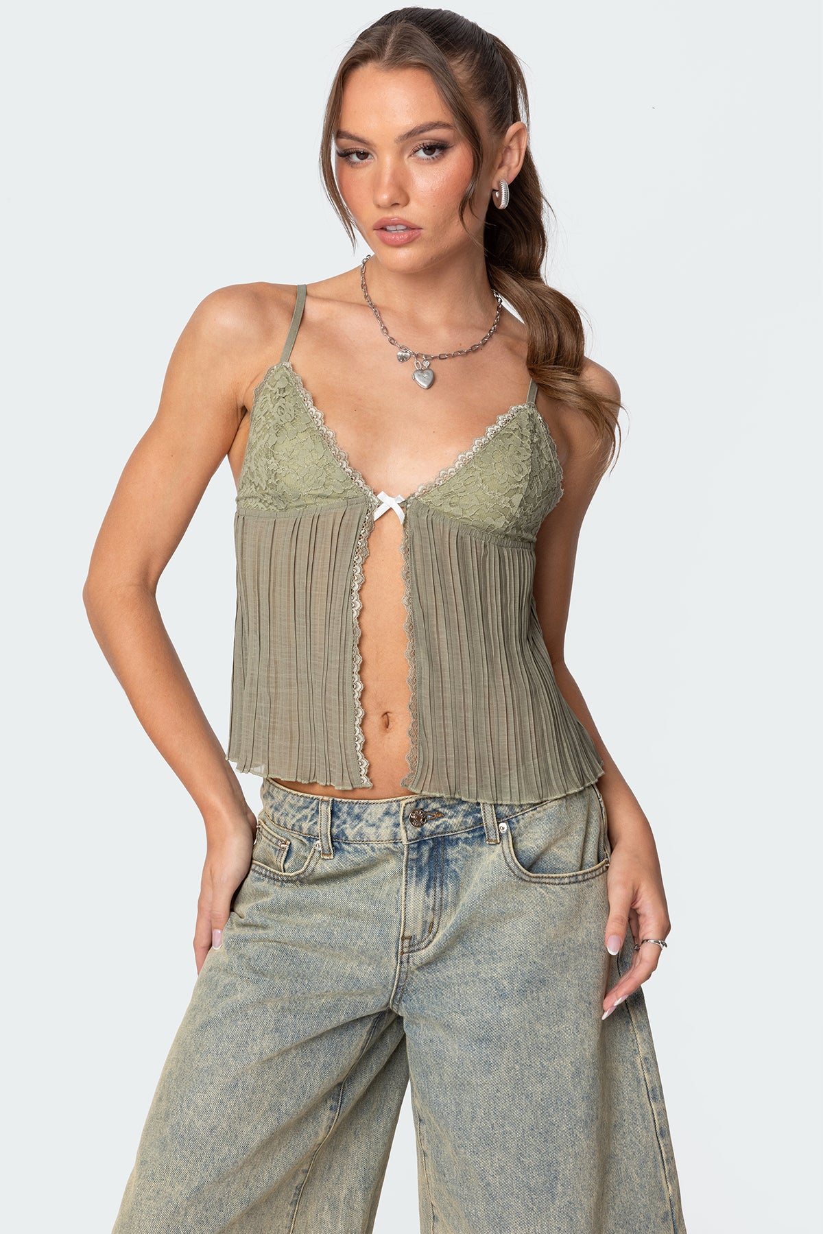 Pleated Lacey Split Front Tank Top