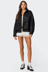 Cargo Faux Leather Bomber Jacket