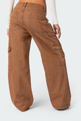 Stone Wash Mid Rise Cargo Pants