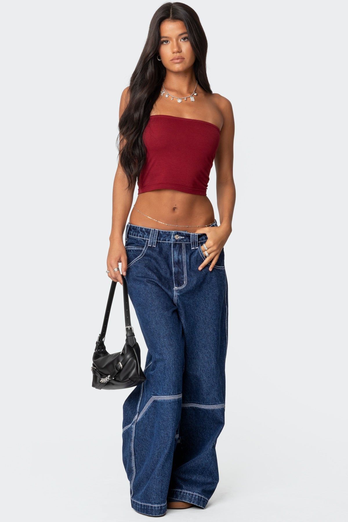 Super Wide Contrast Stitch Low Rise Jeans