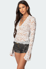 Sheer Lace Bell Sleeve Top