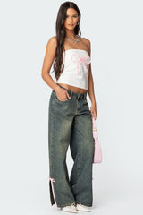 Bow Slitted Vintage Washed Jeans