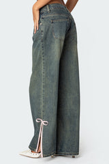 Bow Slitted Vintage Washed Jeans