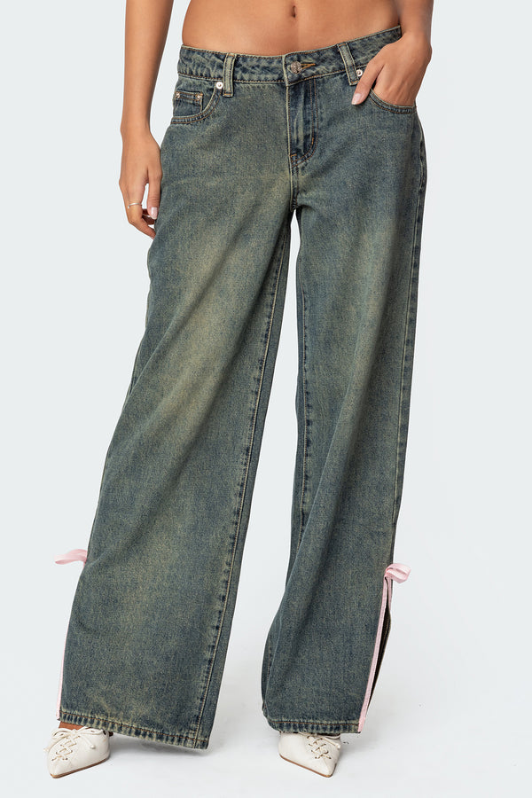 Bow Slitted Vintage Washed Jeans