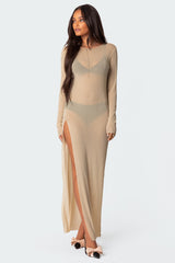 Glitter Mesh Slitted Maxi Dress