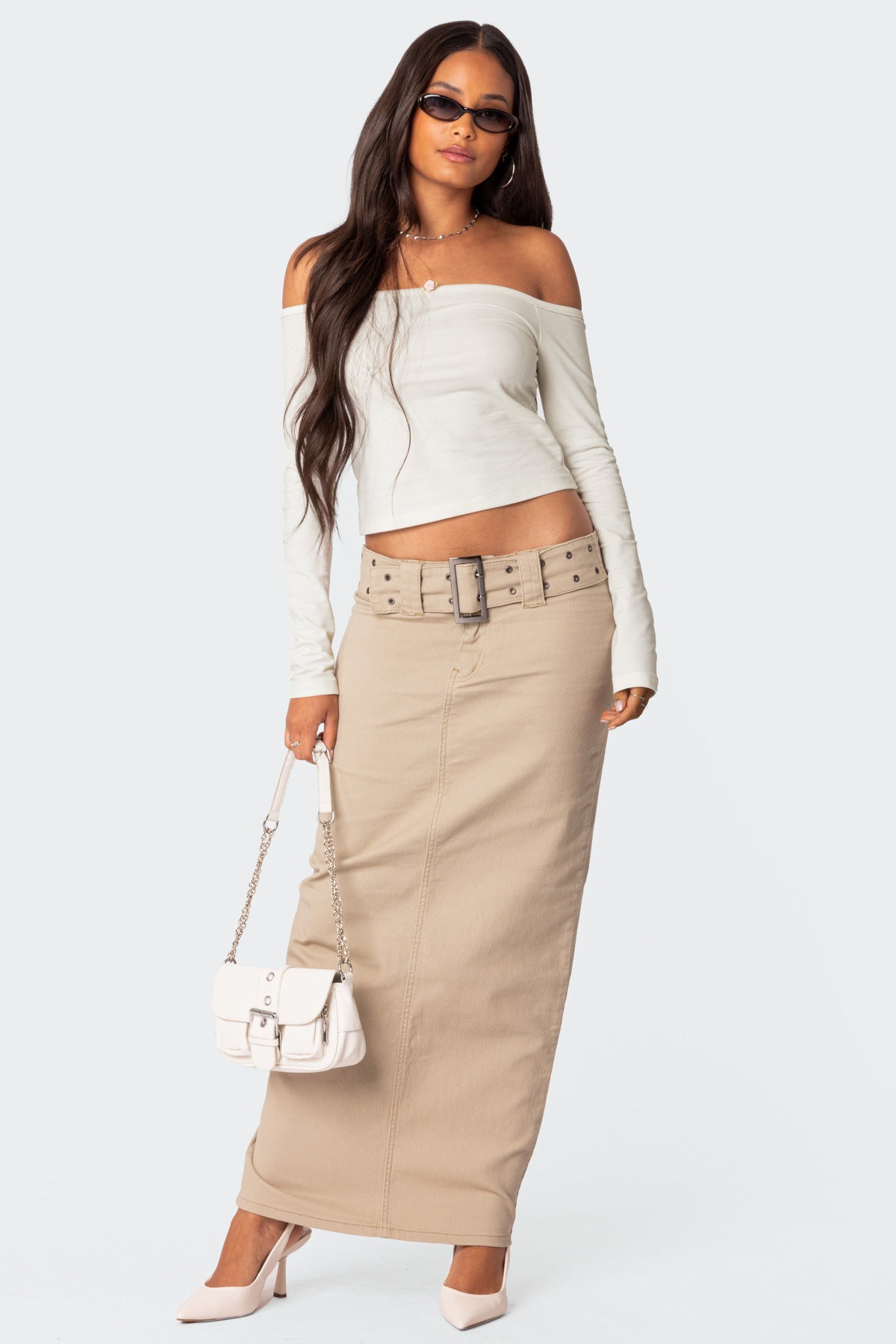 Evangeline Belted Denim Maxi Skirt