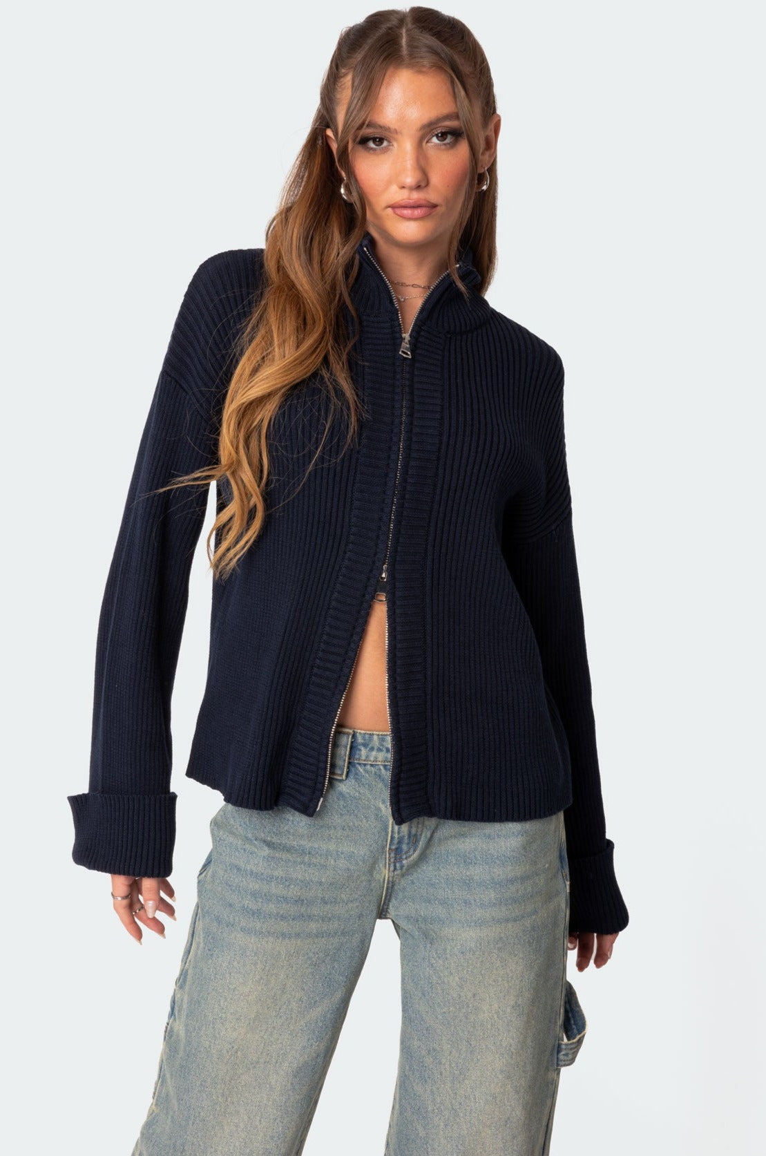 Oversized Zip Up Turtle Neck Cardigan