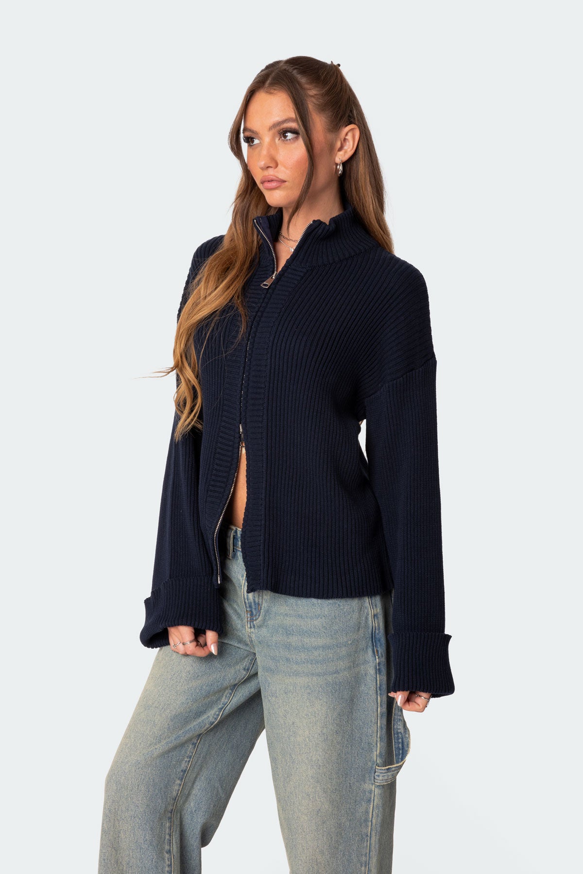 Oversized Zip Up Turtle Neck Cardigan