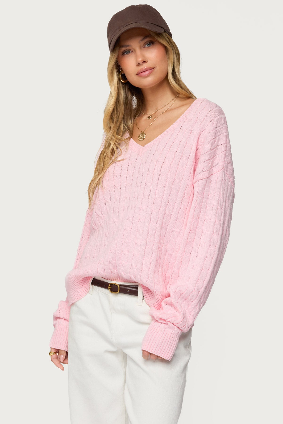 Polly V Neck Cable Knit Sweater