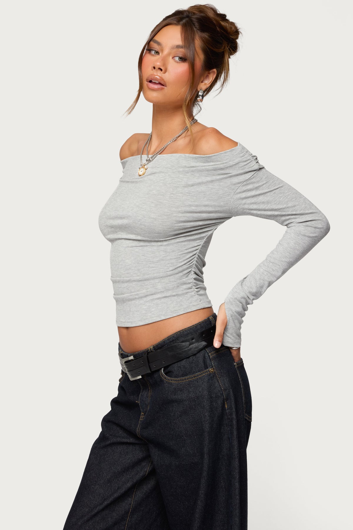Milane Ruched Off Shoulder Ribbed Top