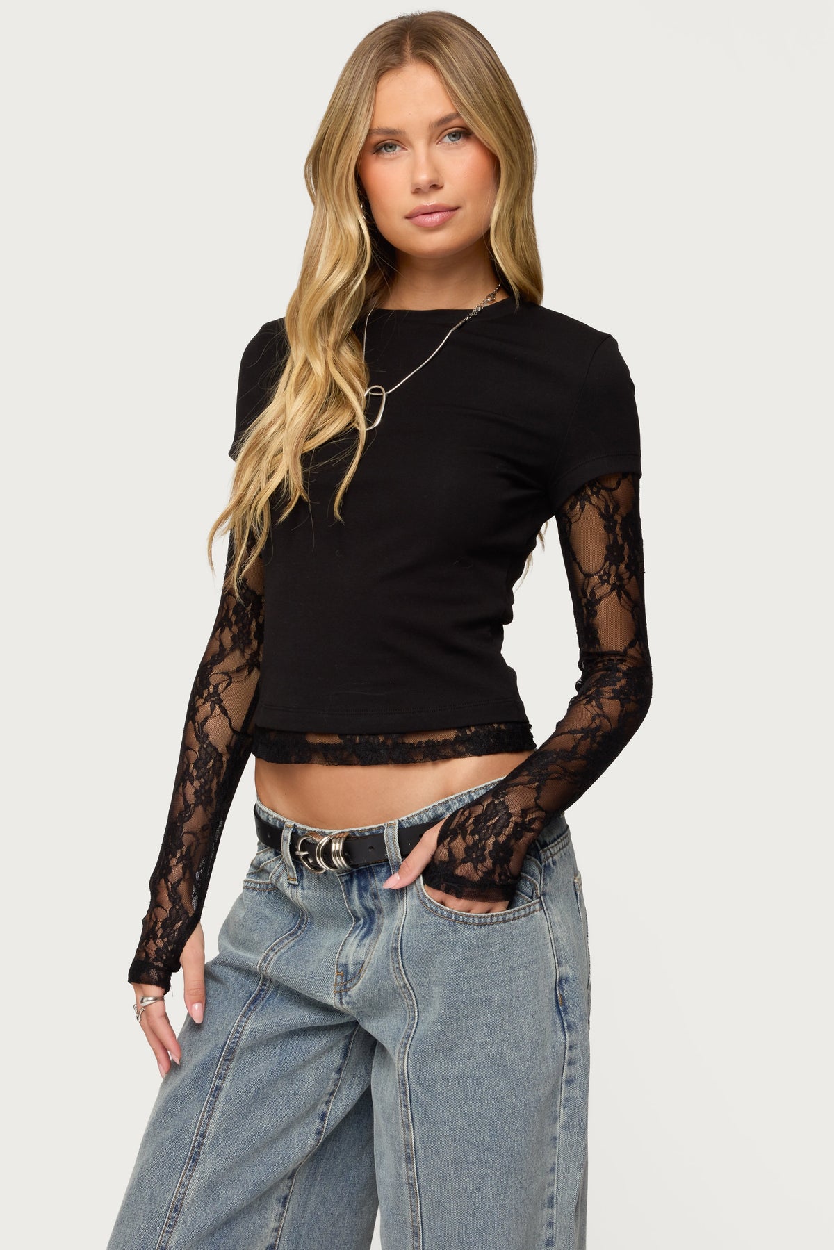 Layered Lace Sleeve T Shirt