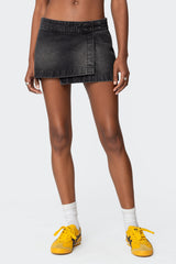 Asymmetric Denim Wrap Skort