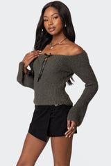 Keyhole Off Shoulder Ribbed Knit Top