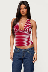Striped Cowl Neck Halter Top