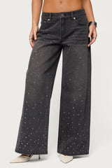 Rhinestone Washed Low Rise Baggy Jeans