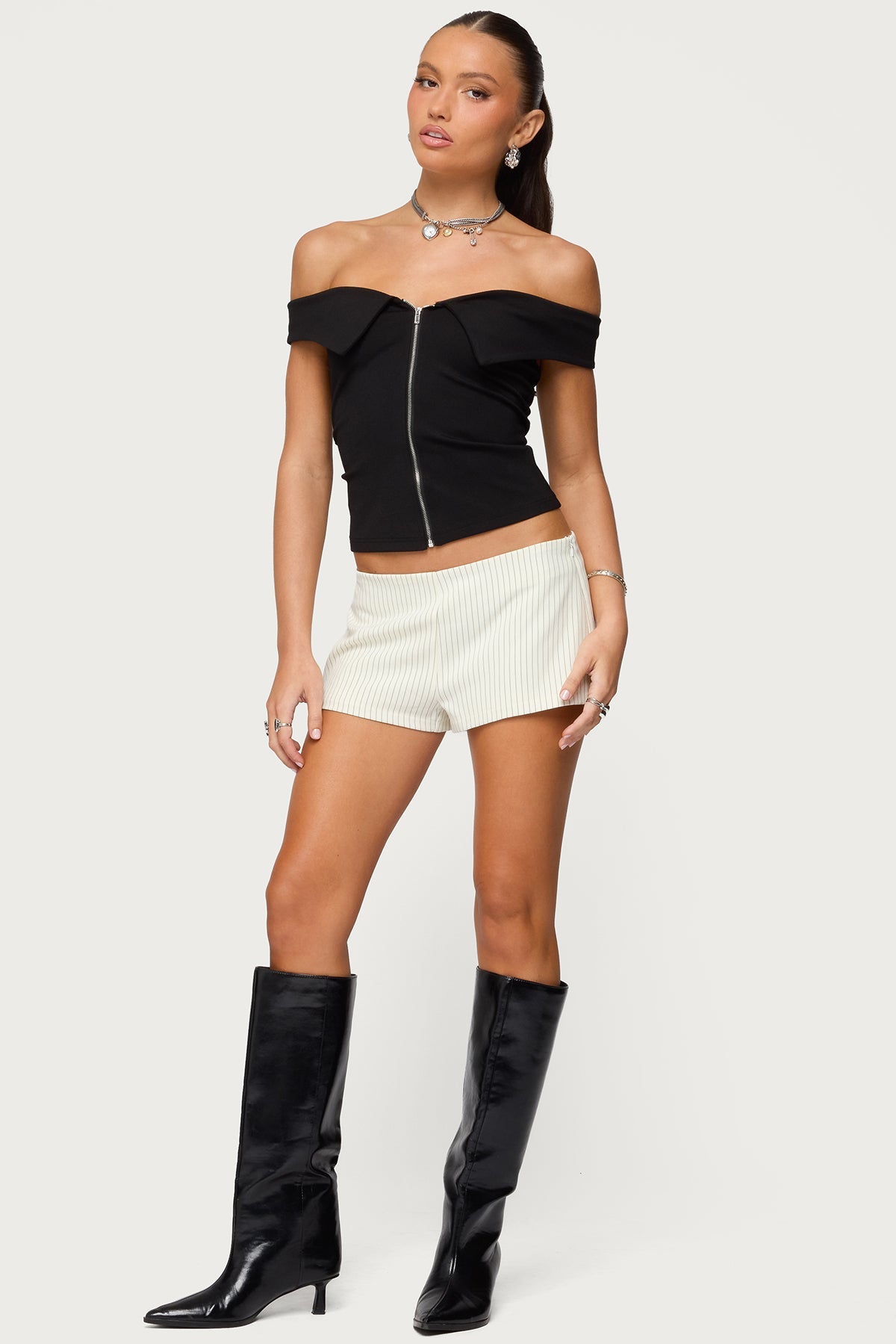Collared Off Shoulder Zip Up Top