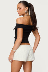 Collared Off Shoulder Zip Up Top