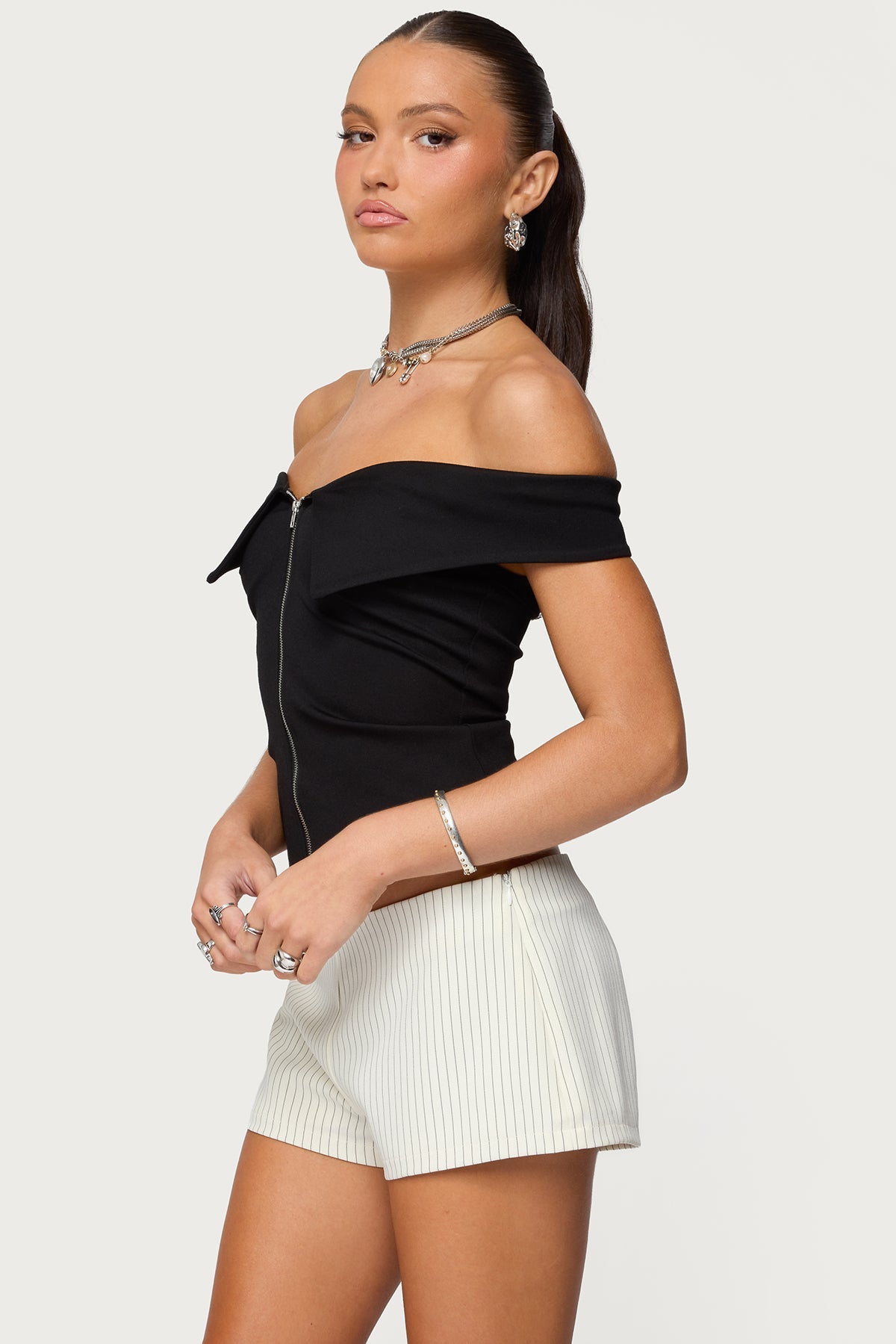 Collared Off Shoulder Zip Up Top