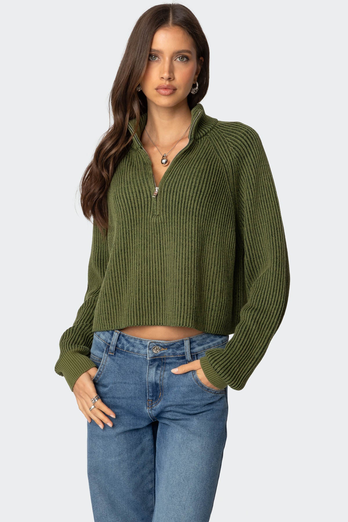 Cropped Rib Knit Half Zip Sweater