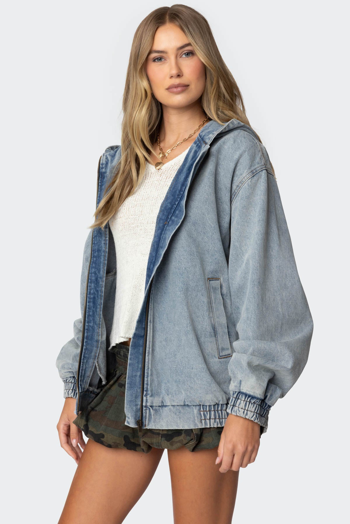 Hooded Vintage Washed Denim Bomber Jacket