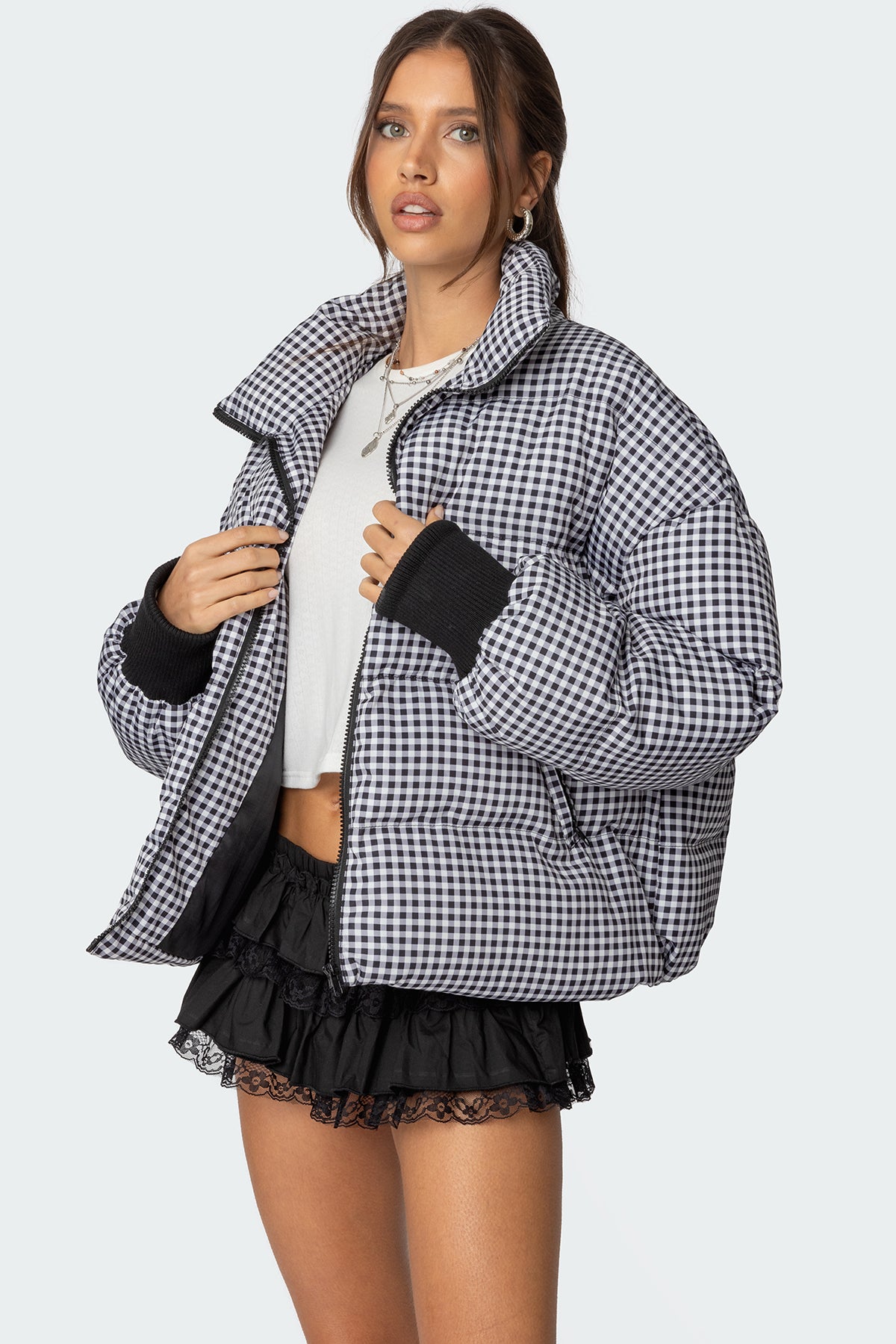 Oversized Gingham Puffer