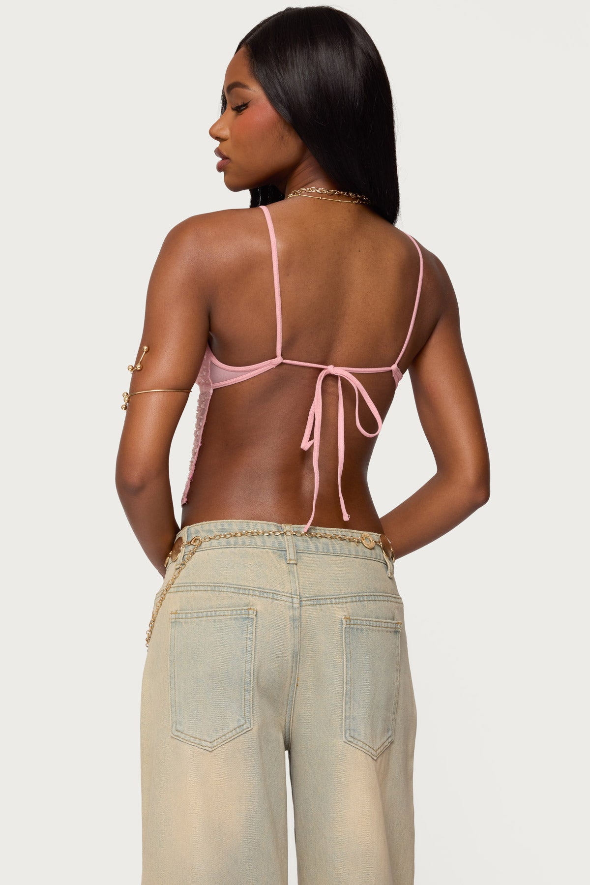 Beaded Mesh Asymmetric Backless Top