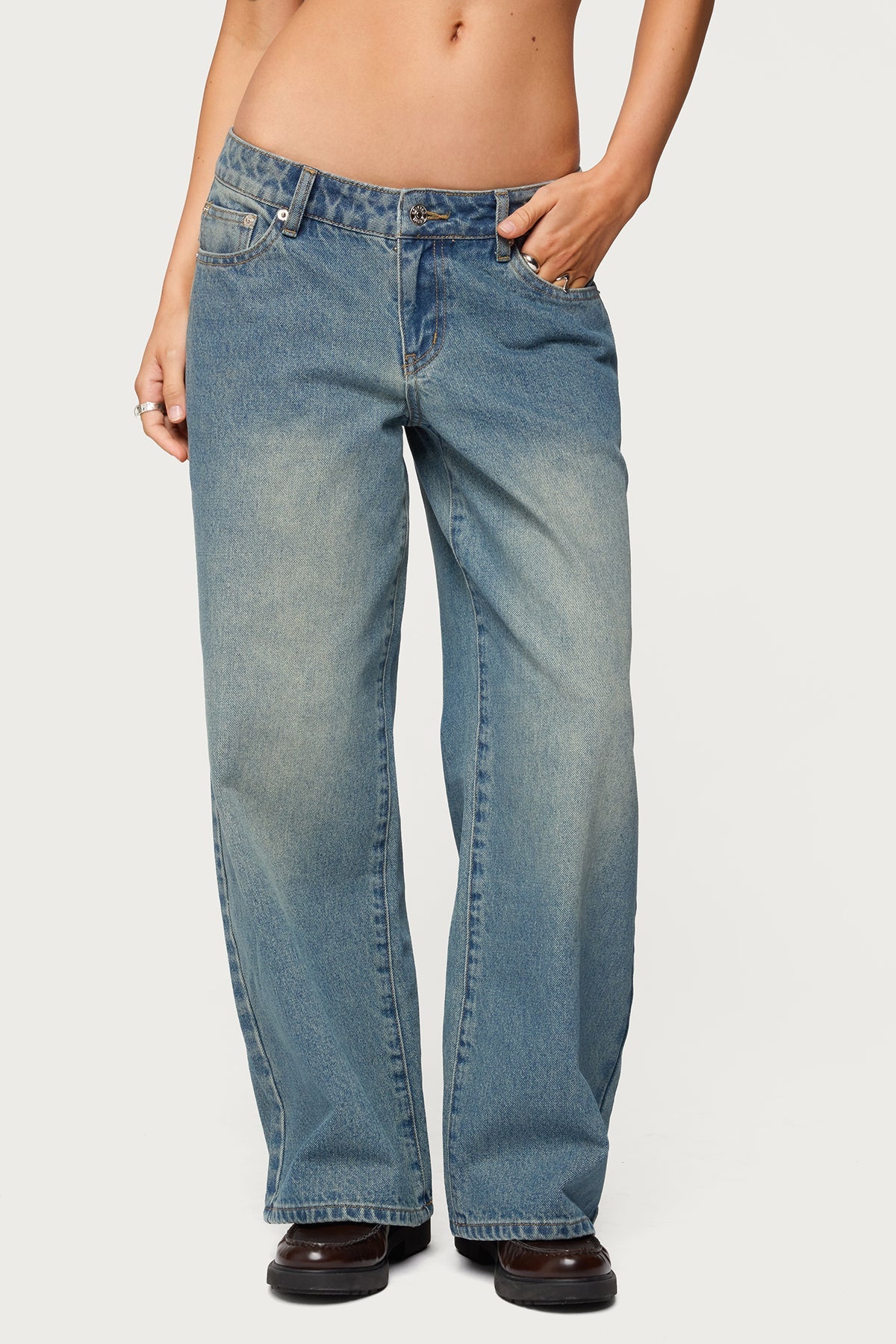 Petite Magda Acid Wash Low Rise Baggy Jeans