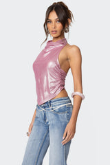 Shiny Backless Cowl Neck Top