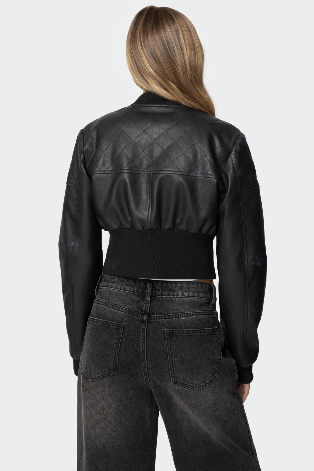 Cropped Faux Leather Bomber Jacket