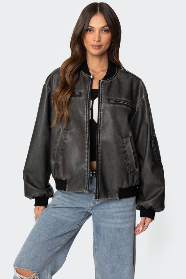 Vava Washed Faux Leather Bomber Jacket