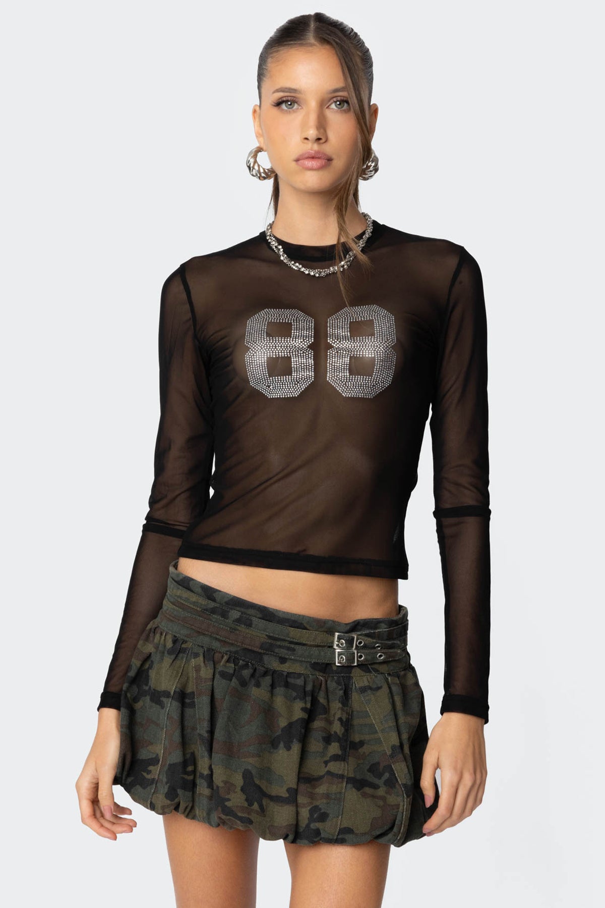 88 Rhinestone Sheer Mesh Top