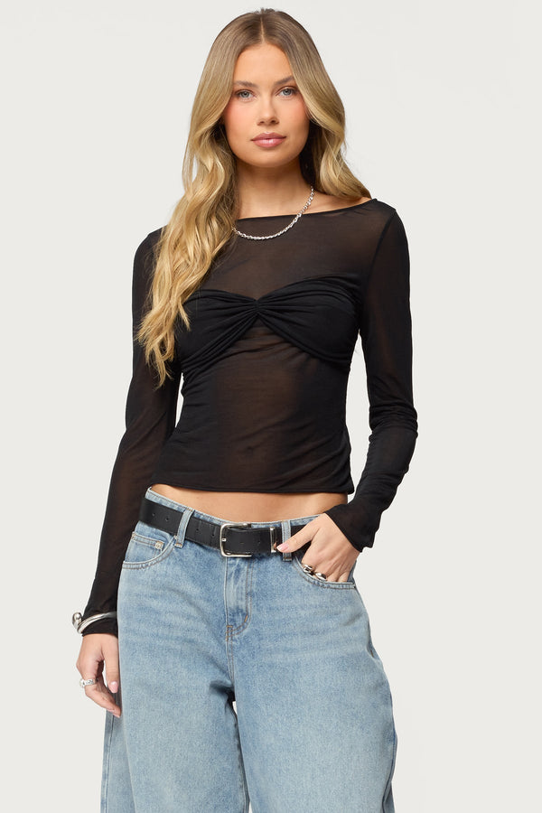 Oona Sheer Gathered Long Sleeve Top