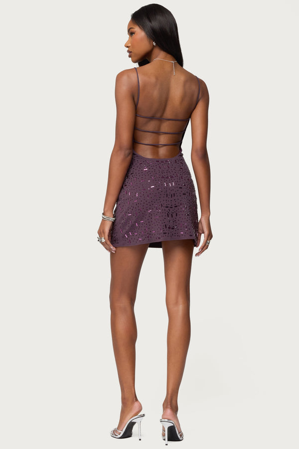 Stefanie Rhinestone Backless Mini Dress