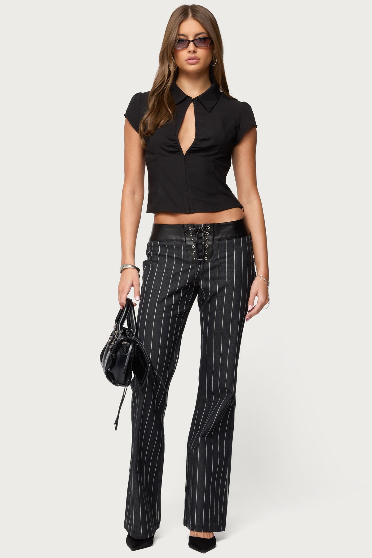 Pinstripe & Faux Leather Low Rise Flared Jeans