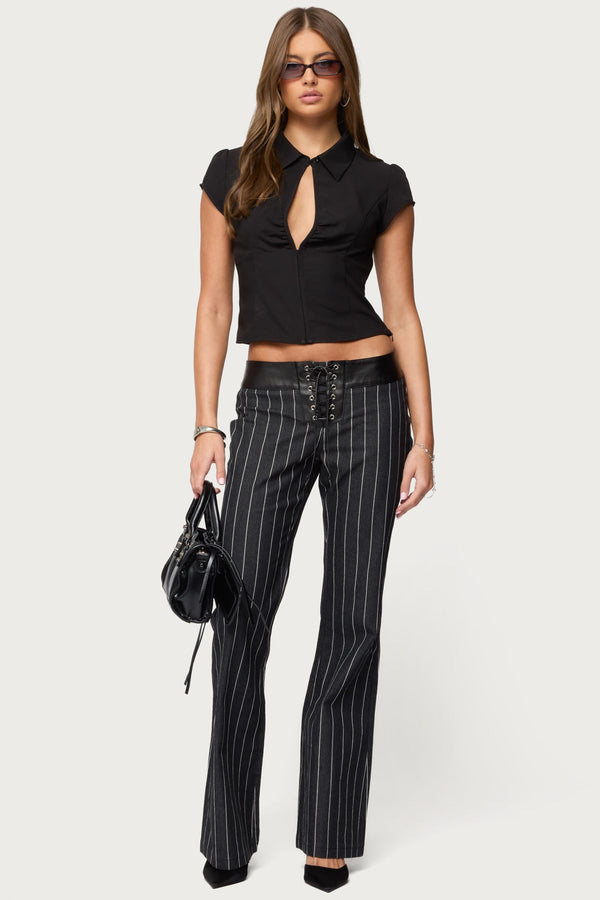 Pinstripe & Faux Leather Low Rise Flared Jeans