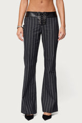 Pinstripe & Faux Leather Low Rise Flared Jeans