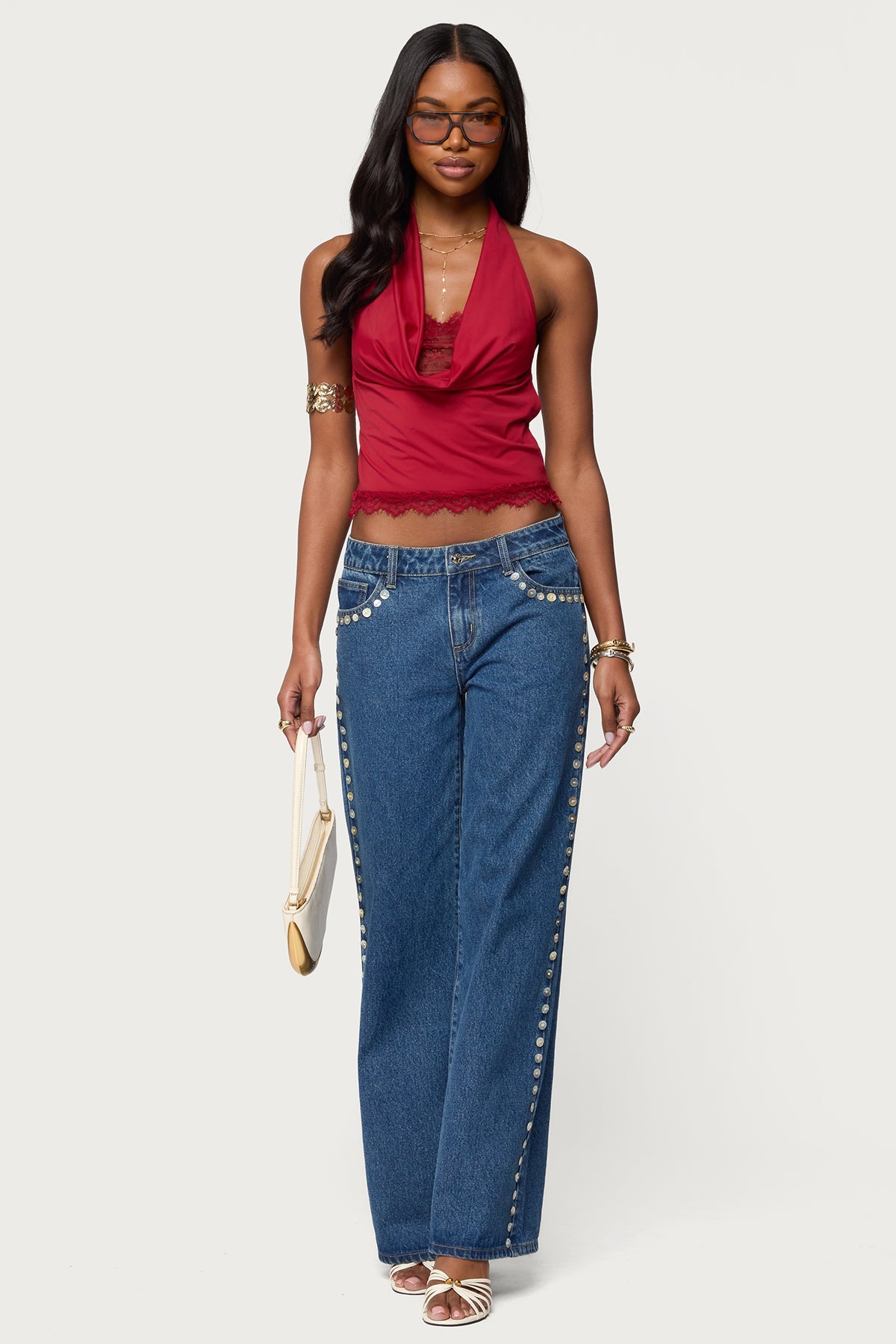 Layered Lacey Cowl Neck Halter Top