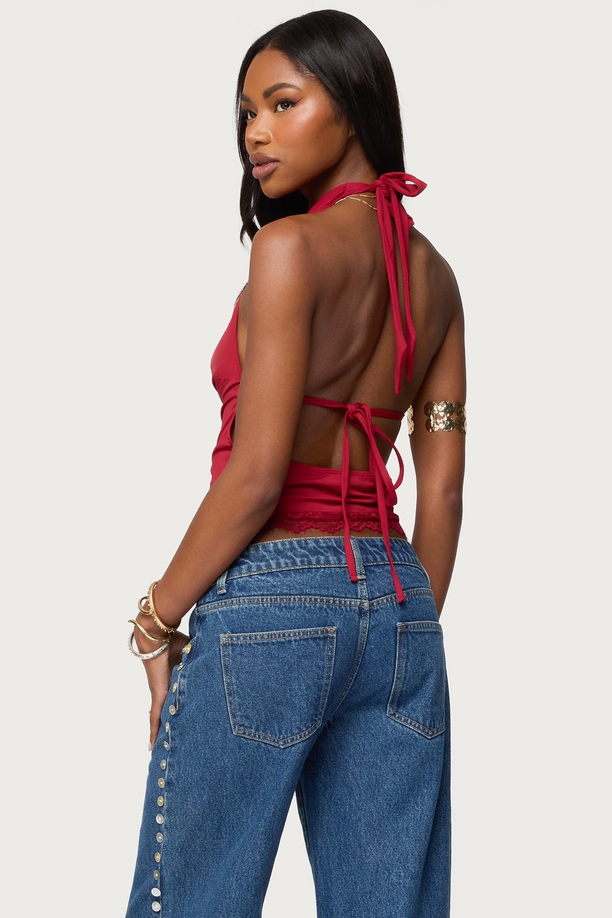 Layered Lacey Cowl Neck Halter Top