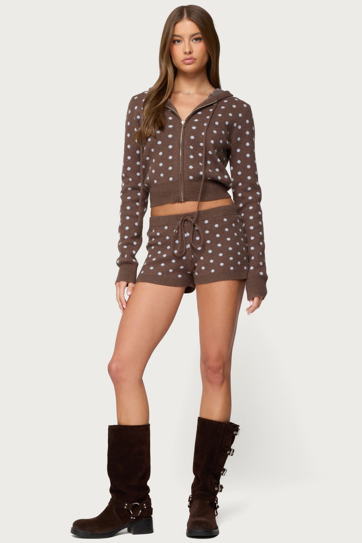 Kenny Polka Dot Knit Zip Up Hooded Cardigan