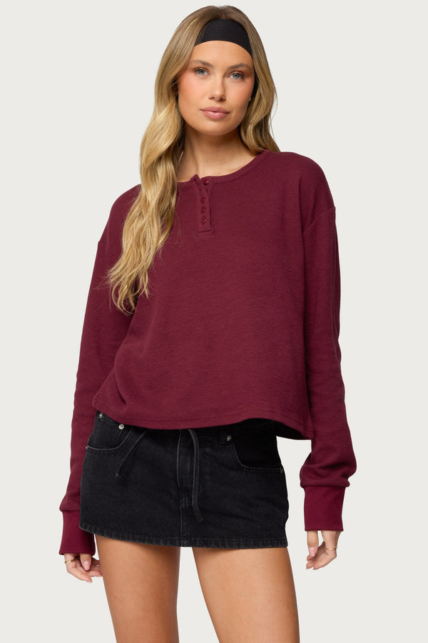 Deni Long Sleeve Henley Waffle Top