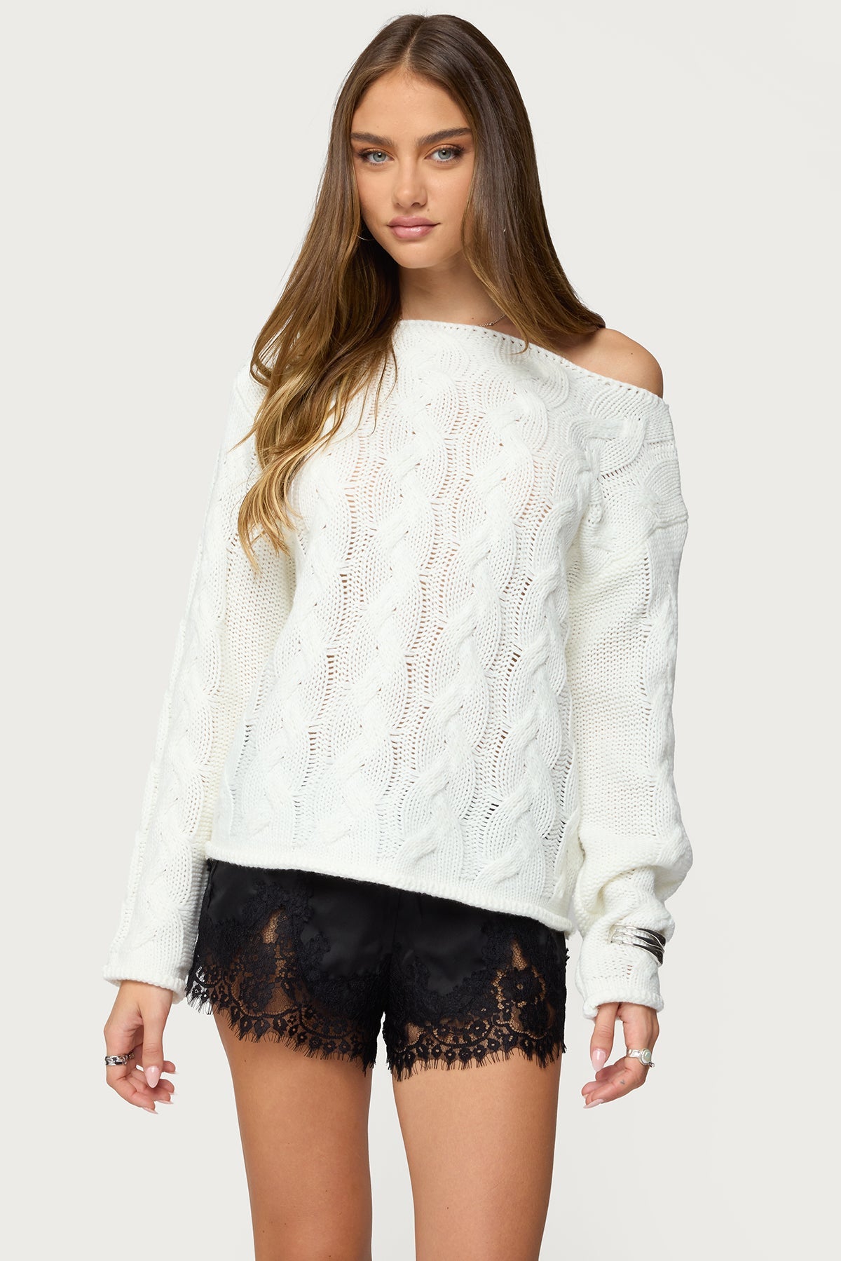 Nellie Off Shoulder Cable Knit Sweater