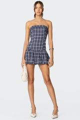 Plaid Strapless Bubble Mini Dress