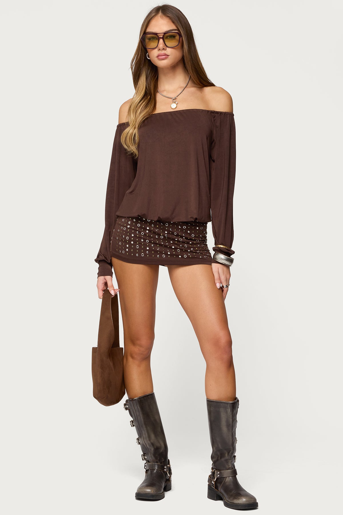Studded Off Shoulder Backless Romper